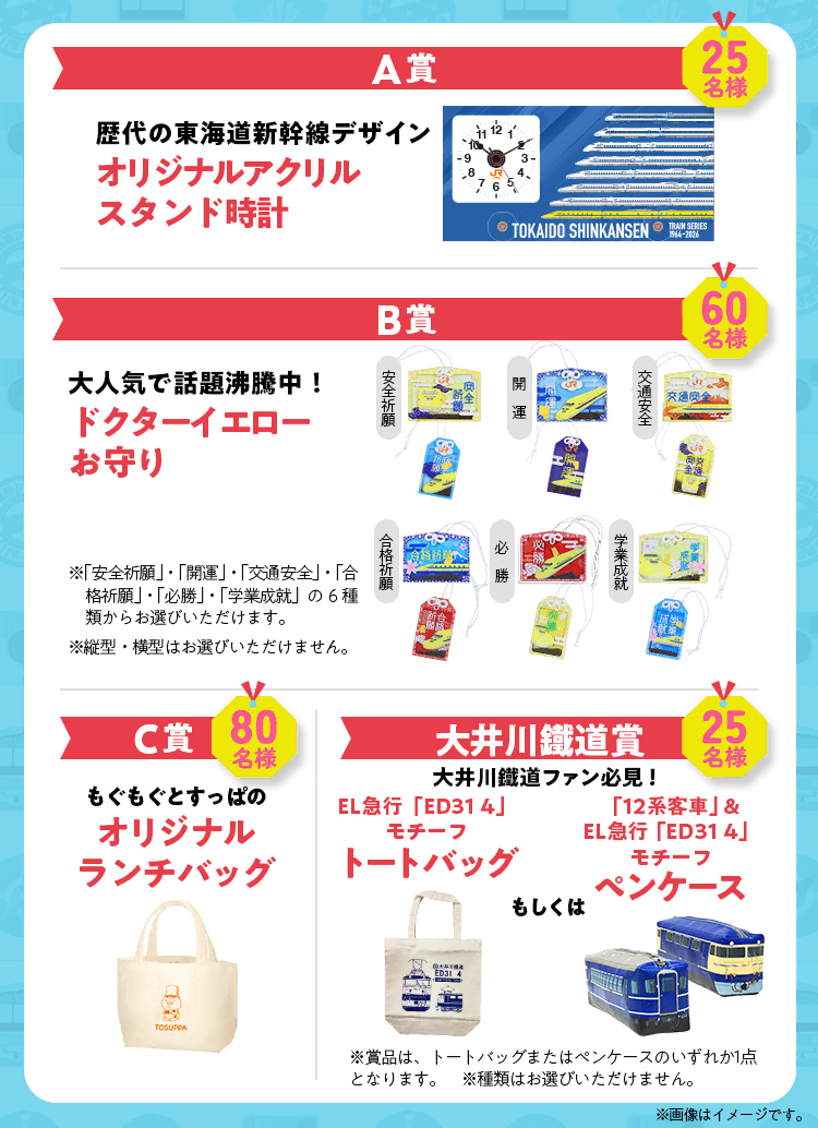 A賞：オリジナルアクリルスタンド時計、B賞：ドクターイエローお守り、C賞：オリジナルランチバッグ、大井川鐵道賞：トートバッグもしくはペンケース